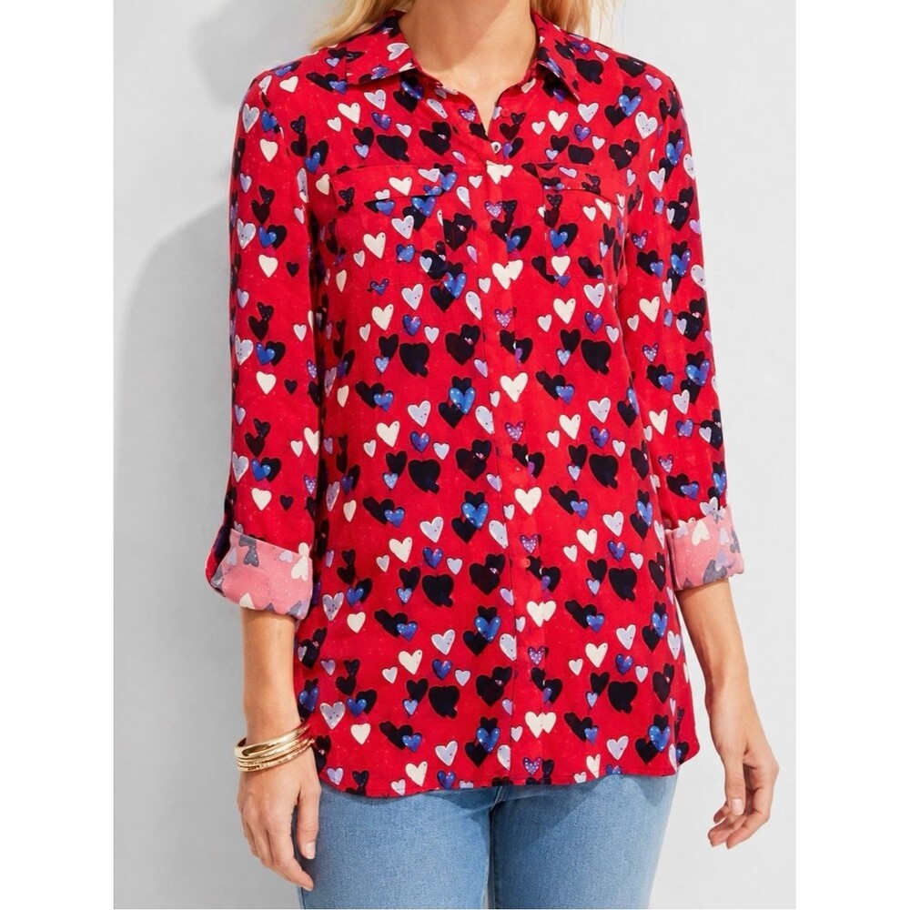 Talbots Red Blue White Black Hearts Long Sleeve Button Up Shirt Blouse‎ Size L